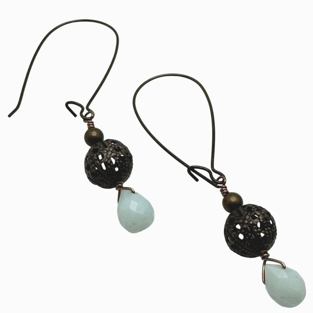Handcrafted Bronze Filigree Opaque Aqua Teardrop Earrings Long Ear Wires